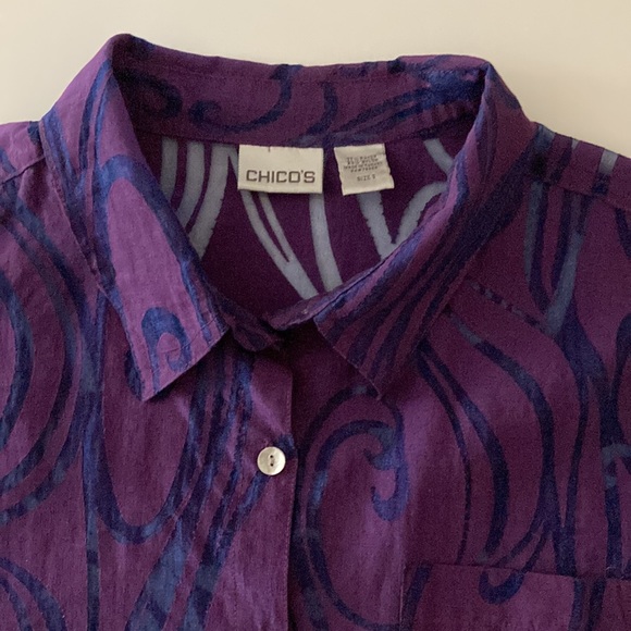 Chico’s size 3=XL purple & black blouse 77% rayon 33% nylon Made in Turkey - Picture 9 of 11